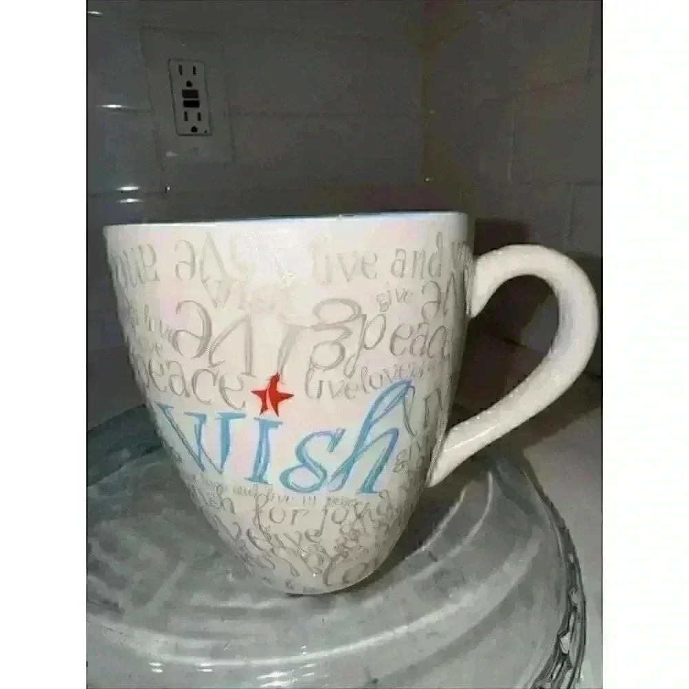 Starbucks Mug Wish Live Love Peace 2005 White Gray Grey Writing Blue Inside